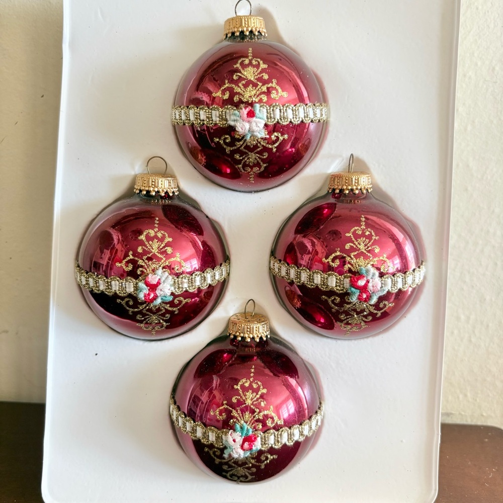 Vintage Victorian Burgundy Glass Ball Christmas Ornaments Set of 4